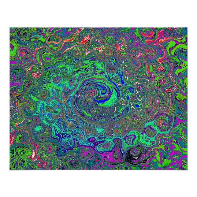 Trippy Chartreuse and Blue Retro Liquid Swirl Poster (Front)