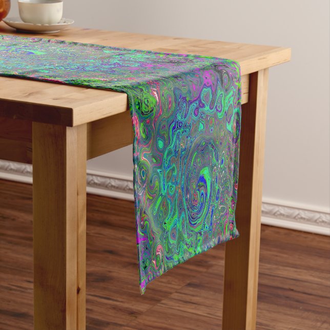 Trippy Chartreuse and Blue Retro Liquid Swirl Short Table Runner (In Situ)