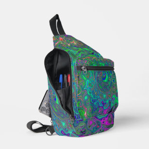 Trippy Chartreuse and Blue Retro Liquid Swirl Sling Bag