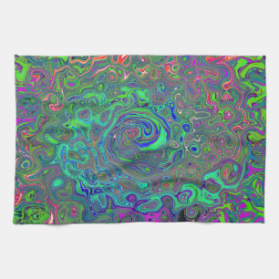 Trippy Chartreuse and Blue Retro Liquid Swirl Tea Towel