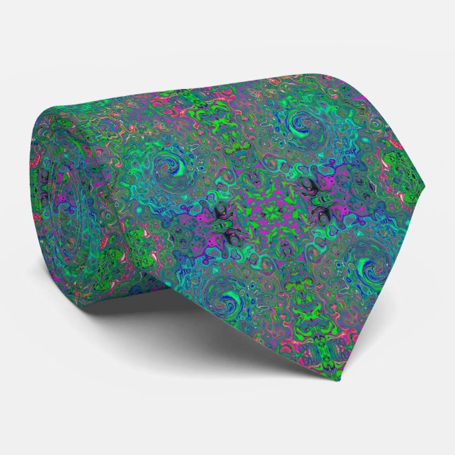 Trippy Chartreuse and Blue Retro Liquid Swirl Tie (Rolled)