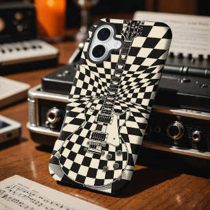 Trippy Chequered Electric Guitar Black and White iPhone 16 Plus Case