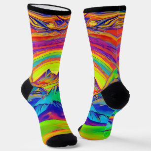 Trippy Colourful Mountains With a Sunset Far Out Socks