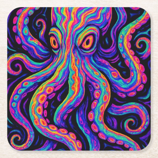 Trippy Colourful Octopus  Square Paper Coaster (Front)