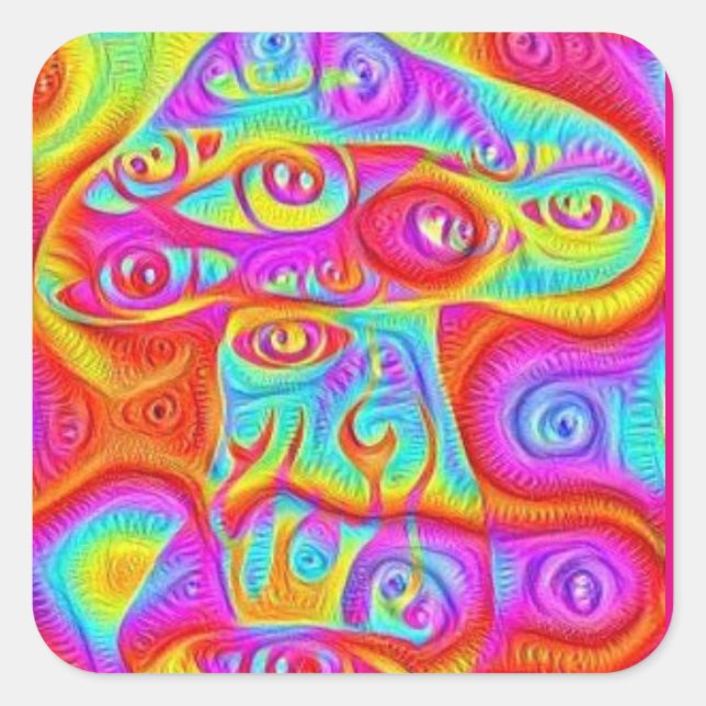 trippy colourful psychedelic mushroom square sticker (Front)