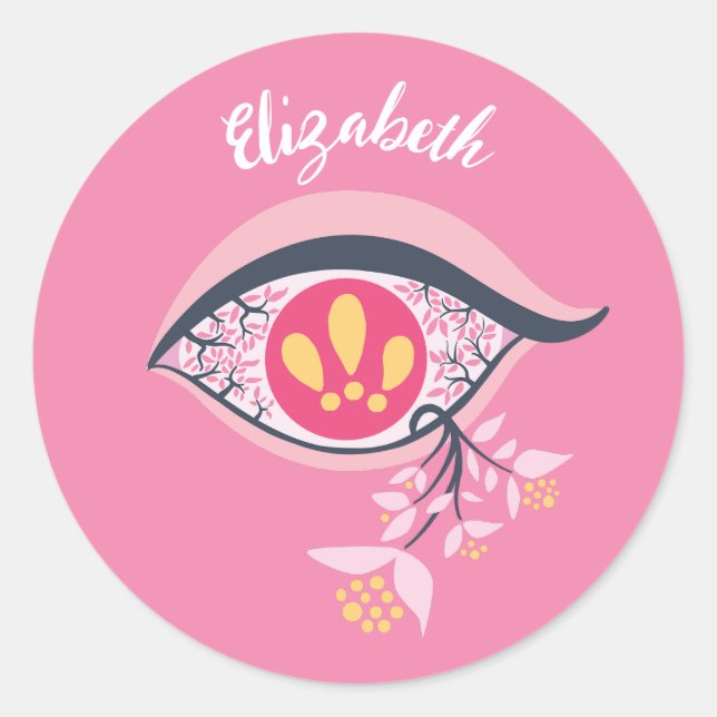 Trippy Eye Pink Floral Psychedelic Name Classic Round Sticker (Front)
