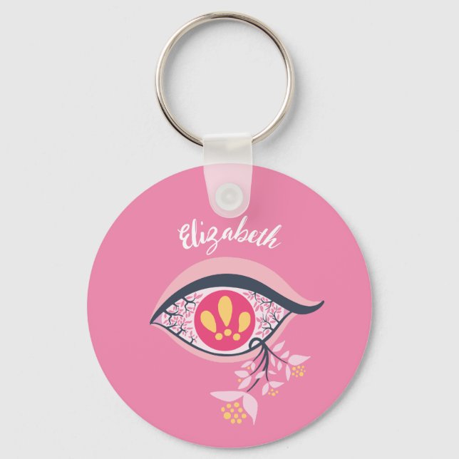 ﻿﻿Trippy Eye Pink Floral Psychedelic Surrealist Key Ring (Front)
