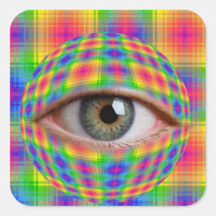 Trippy Eyeball Art   Surreal Rainbow Plaid Eye Pri Square Sticker