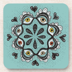 Trippy Eyes with Hearts Boho Gothic Weirdcore Art Coaster