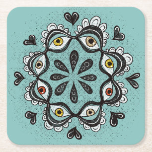 Trippy Eyes with Hearts Boho Gothic Weirdcore Art Square Paper Coaster