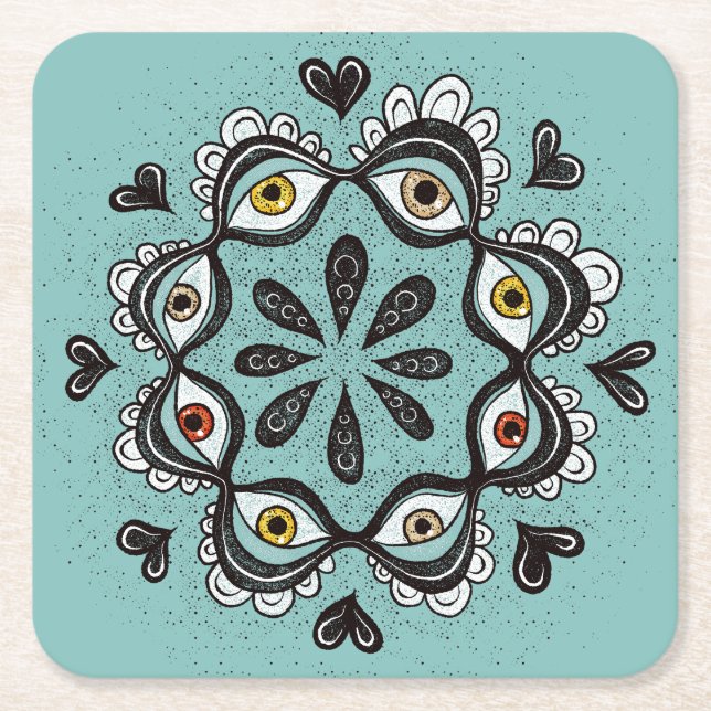 Trippy Eyes with Hearts Boho Gothic Weirdcore Art Square Paper Coaster (Front)