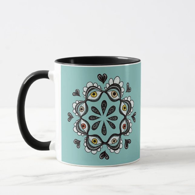 Trippy Eyes with Hearts Surreal Art - Ink Drawing Mug (Left)