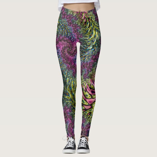 Trippy Funky Groovy Digital Abstract Fractal Art Leggings (Front)