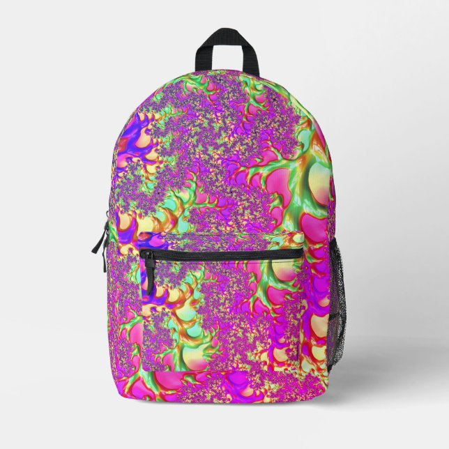Trippy Funky Vibrant Neon Groovy Acid Trip Fractal Printed Backpack (Front)