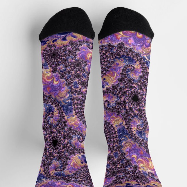Trippy Groovy Boho Colourful Jewel Tone Fractal Ar Socks (Top)