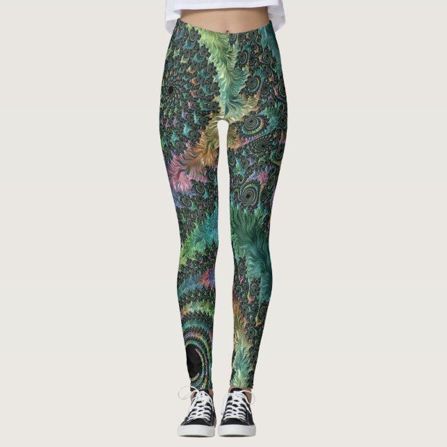 Trippy Groovy Colourful Jewel Tone Fractal Art Leggings (Front)