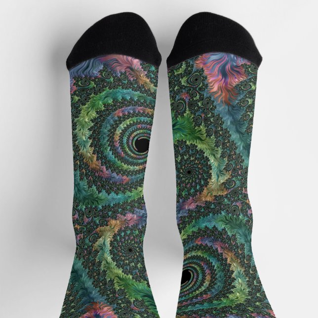 Trippy Groovy Colourful Jewel Tone Fractal Art Socks (Top)