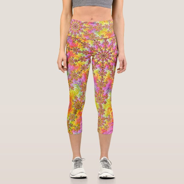 Trippy Groovy Funky Psychedelic Fractal Burst Capri Leggings (Front)