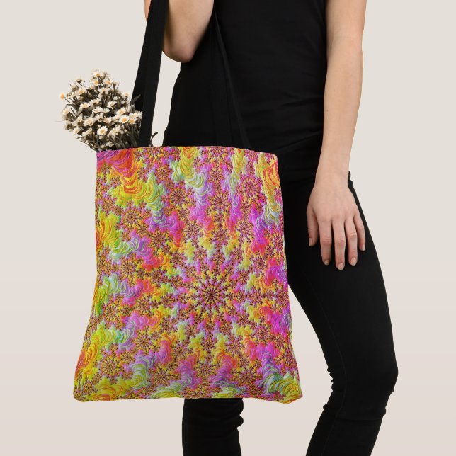 Trippy Groovy Funky Psychedelic Fractal Burst Tote Bag (Close Up)