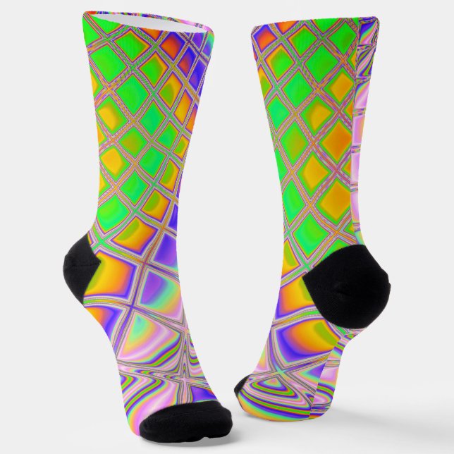 Trippy Groovy Vibrant Abstract Digital Fractal Art Socks (Angled)