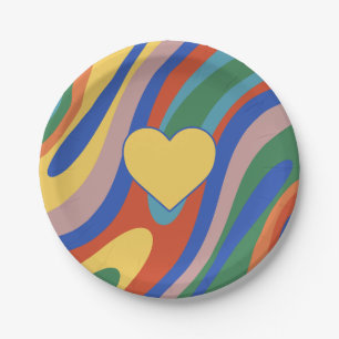 Trippy Heart Colorful Retro Pop Abstract Pattern Paper Plate