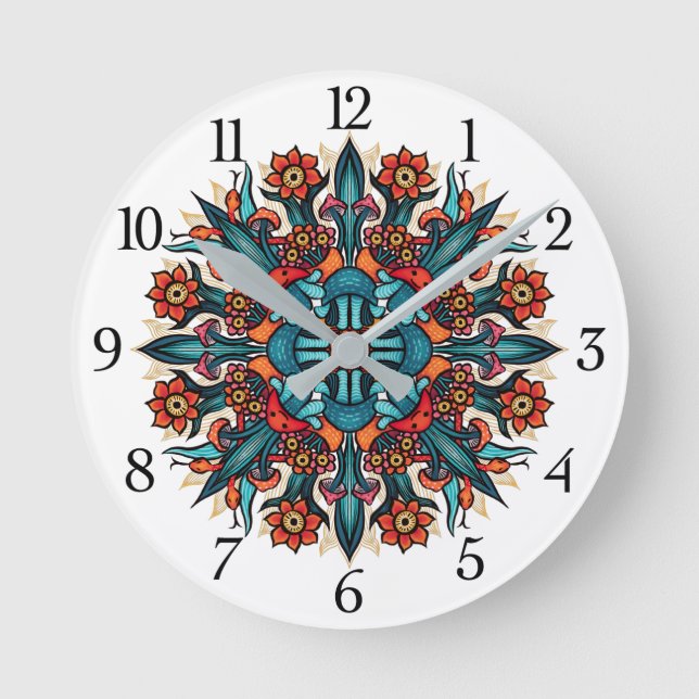 Trippy hippie psychedelic groovy mushroom mandala round clock (Front)