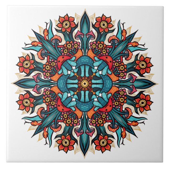 Trippy hippie psychedelic groovy mushroom mandala tile (Front)