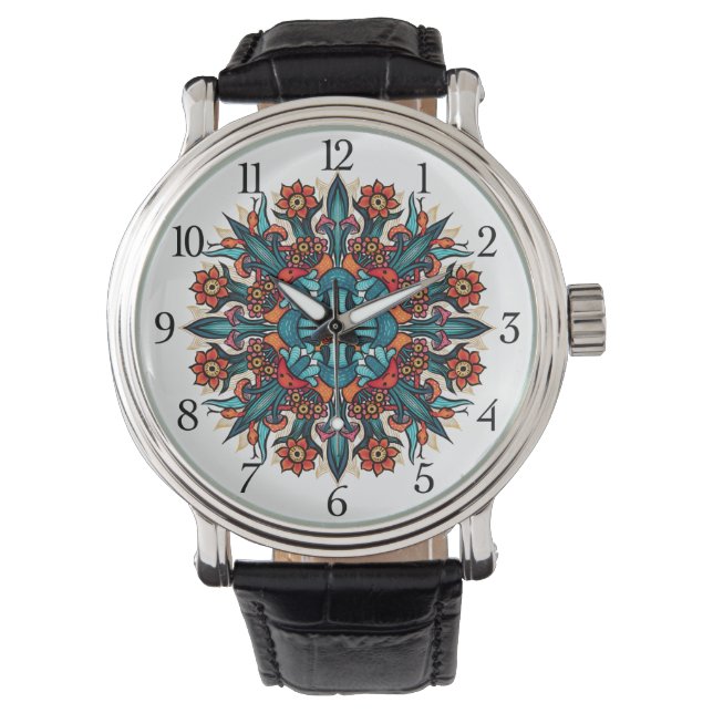 Trippy hippie psychedelic groovy mushroom mandala watch (Front)
