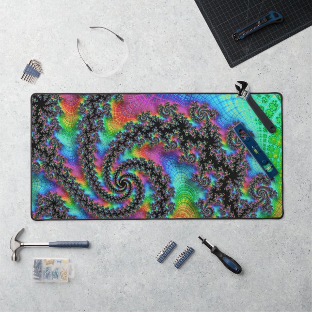 Trippy Hippie Psychedelic Rainbow Spiral Fractal Desk Mat (Workstation)
