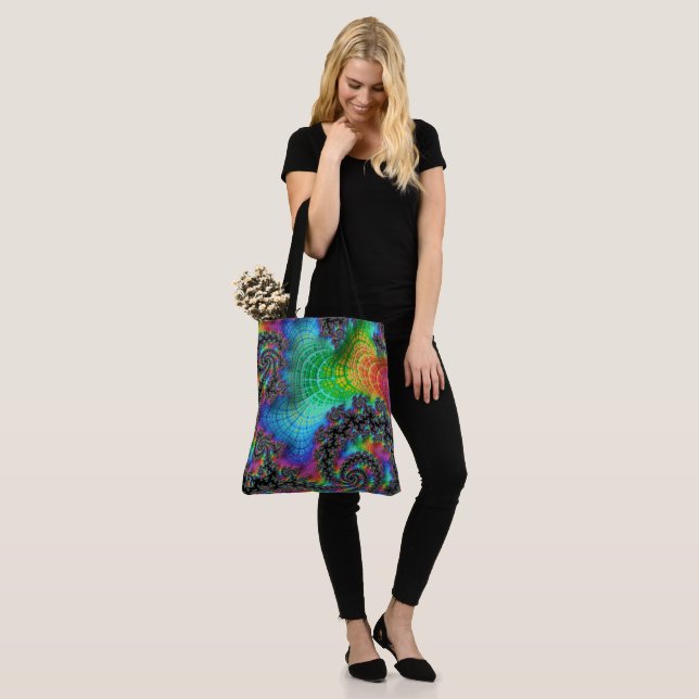 Trippy Hippie Psychedelic Rainbow Spiral Fractal Tote Bag (On Model)