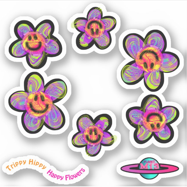 Trippy Hippy Happy Flowers Stickers (Front)