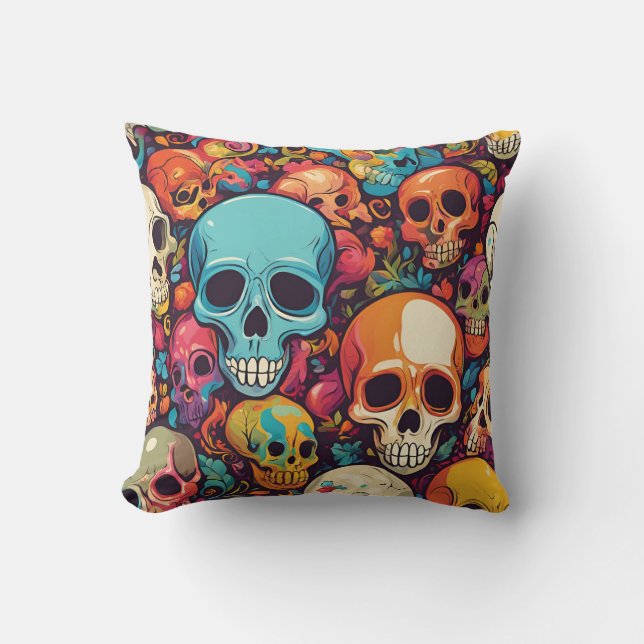 Trippy Hippy Skull Colorful Patterned Psychedelic Cushion (Front)