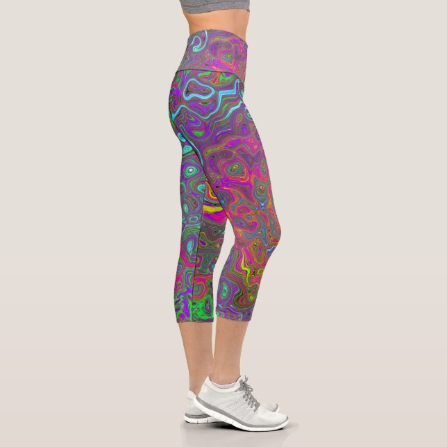 Trippy Hot Pink Abstract Retro Liquid Swirl Capri Leggings (Right)
