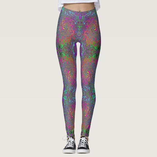 Trippy Hot Pink Abstract Retro Liquid Swirl Leggings (Front)