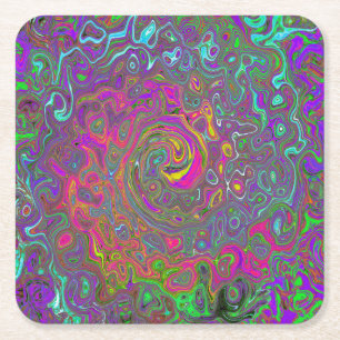 Trippy Hot Pink Abstract Retro Liquid Swirl Square Paper Coaster