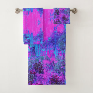 Trippy Hot Pink and Blue Impressionistic Landscape Bath Towel Set