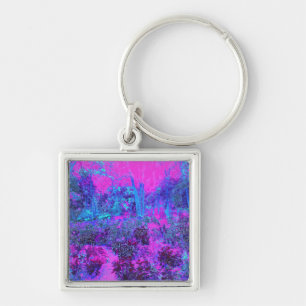 Trippy Hot Pink and Blue Impressionistic Landscape Key Ring