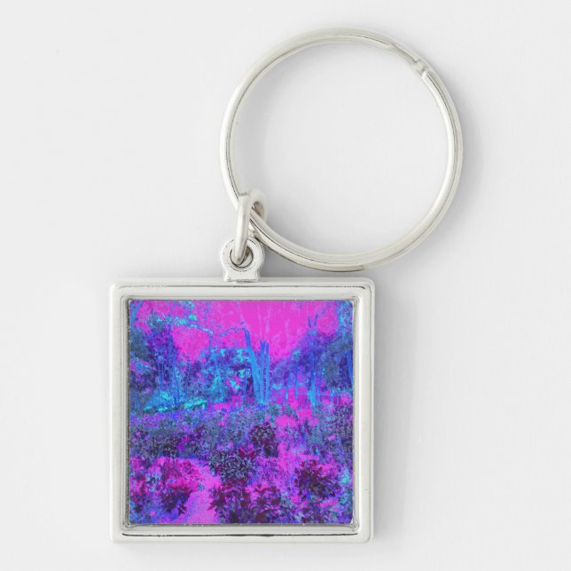 Trippy Hot Pink and Blue Impressionistic Landscape Key Ring (Front)
