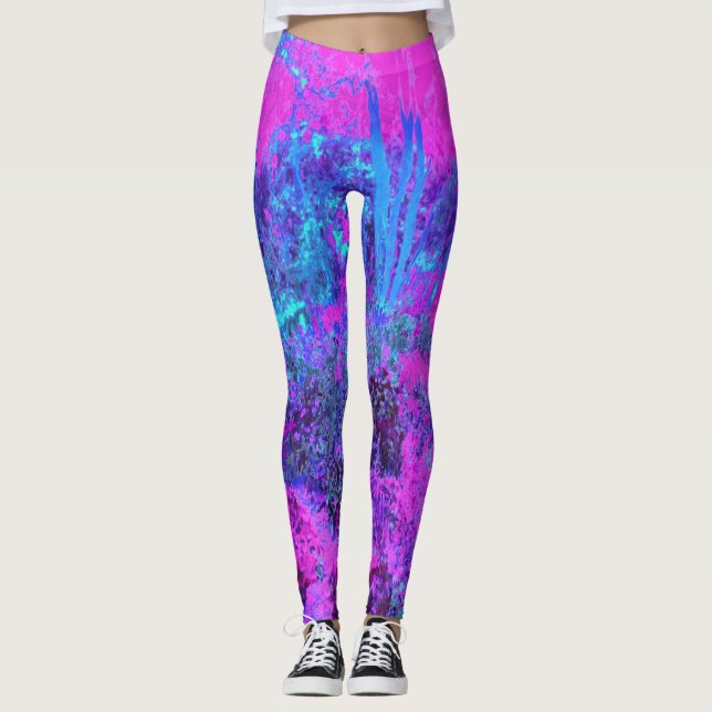Trippy Hot Pink and Blue Impressionistic Landscape Leggings (Front)