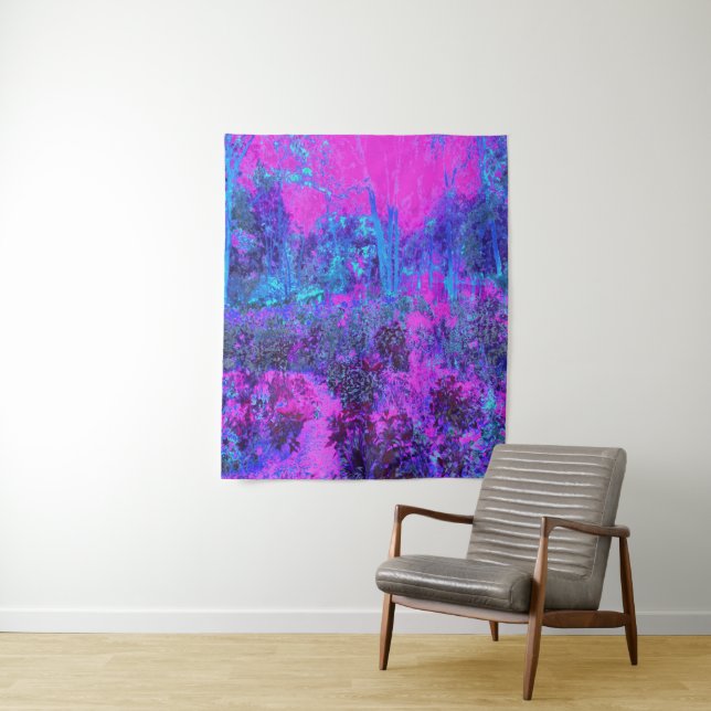 Trippy Hot Pink and Blue Impressionistic Landscape Tapestry (In Situ)