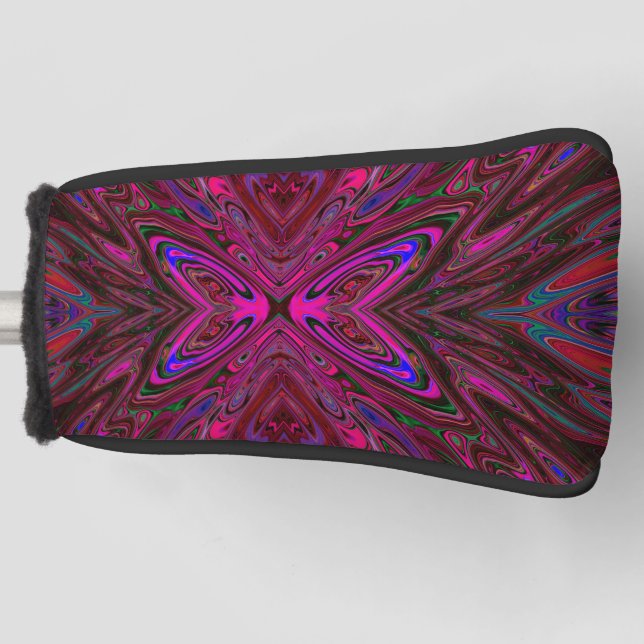 Trippy Hot Pink, Red and Blue Abstract Butterfly Golf Head Cover (Front)