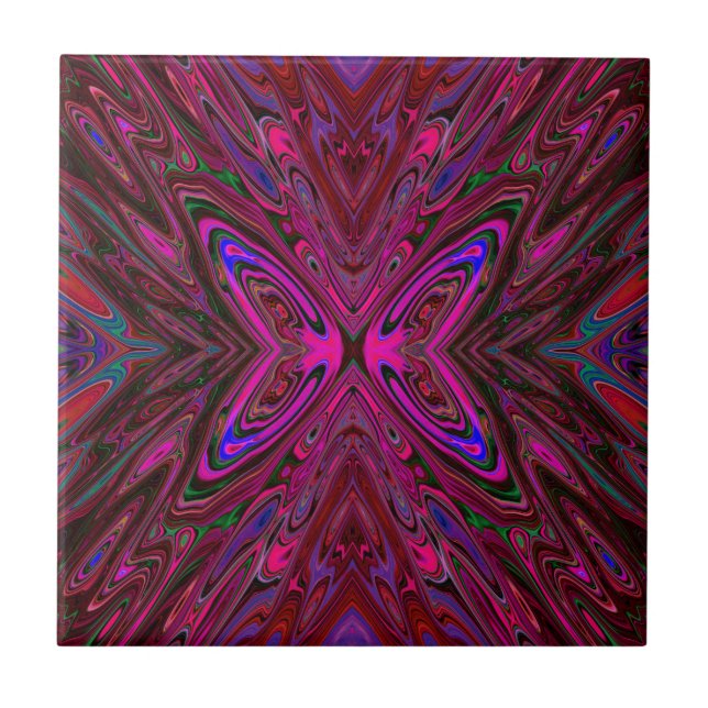 Trippy Hot Pink, Red and Blue Abstract Butterfly Tile (Front)