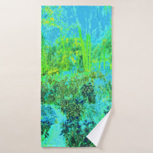 Trippy Lime Green and Blue Garden Landscape Bath Towel