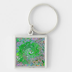 Trippy Lime Green and Pink Abstract Retro Swirl Key Ring
