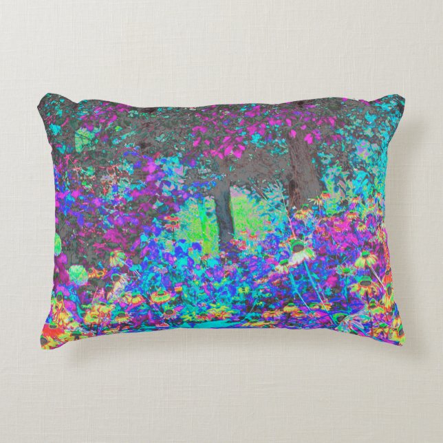 Trippy Lime Green and Purple Garden Sunrise Decorative Cushion (Front)