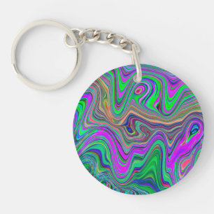 Trippy Lime Green and Purple Waves of Colour Key Ring