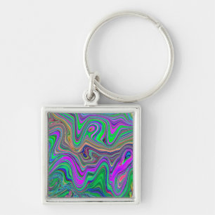 Trippy Lime Green and Purple Waves of Colour Key Ring