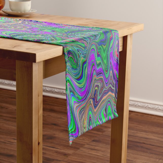 Trippy Lime Green and Purple Waves of Colour Short Table Runner (In Situ)