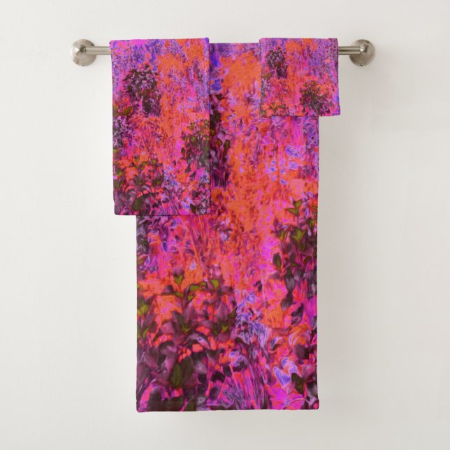 Trippy Magenta and Orange Impressionistic Garden Bath Towel Set (Insitu)