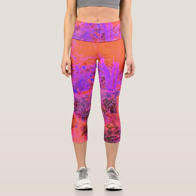 Trippy Magenta and Orange Impressionistic Garden Capri Leggings (Front)